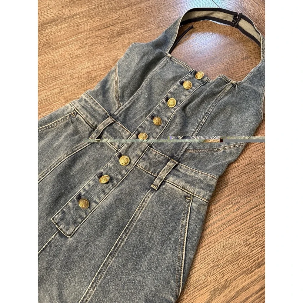 $550 NWT Alice+Olivia Gorgeous Pennie Denim Bootleg Halter Jumpsuit - Picture 8 of 16